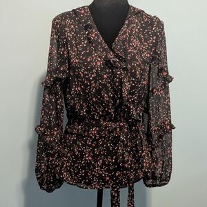 CeCe Black Floral Wrap Blouse with Pink and Green Buds